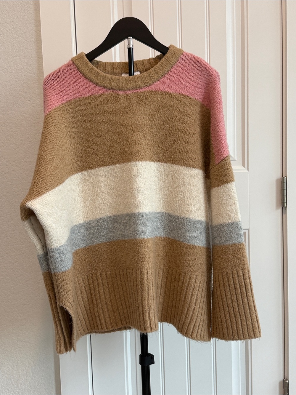 Topshop Striped Crewneck Sweater in Pink, Camel, Cream & Gray